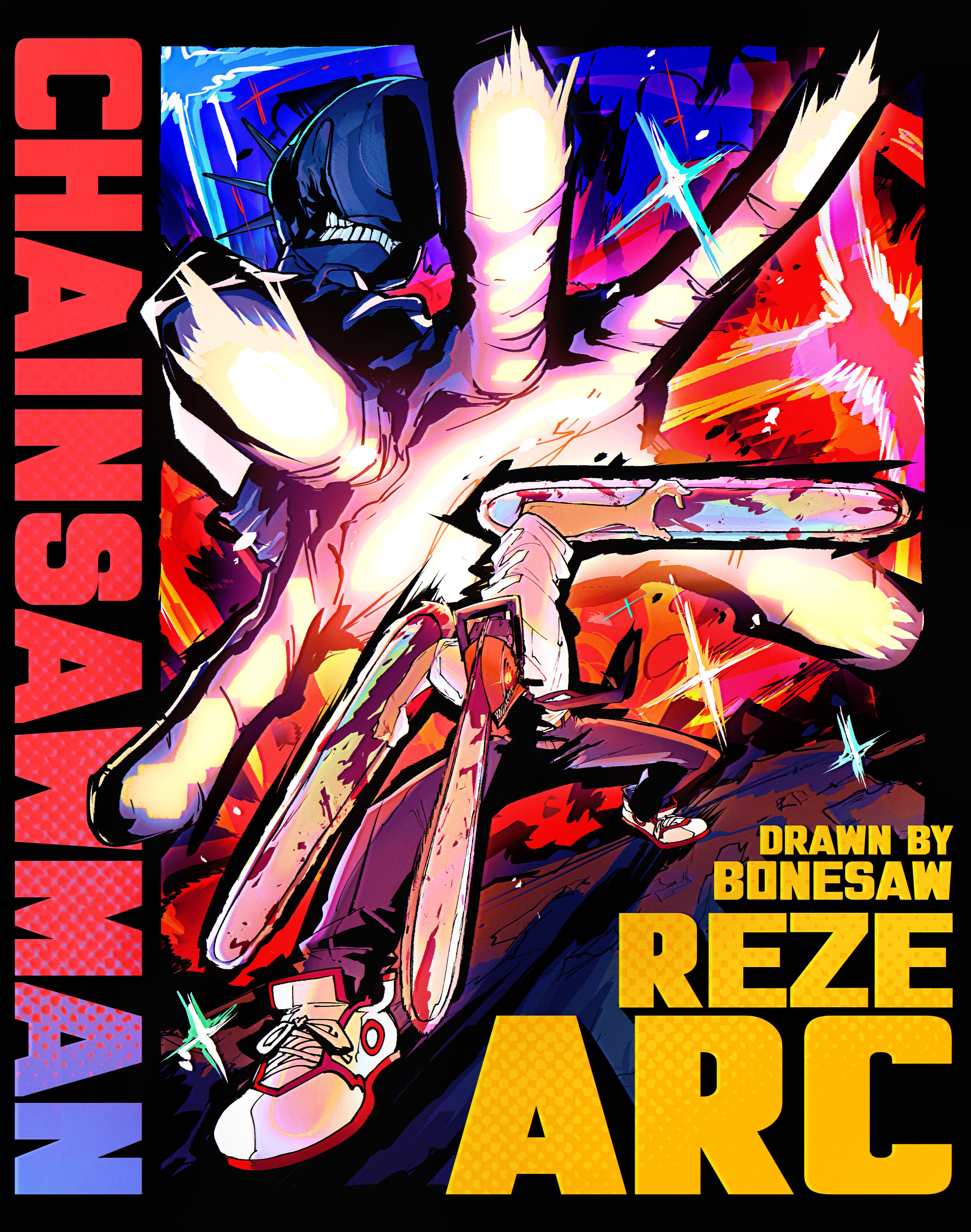 bonesaw (rdkshinku), denji (chainsaw man), reze (chainsaw man), chainsaw man, absurdres, highres, 1boy, 1girl, copyright name, shirt, shoes, signature, white shirt, white shoes