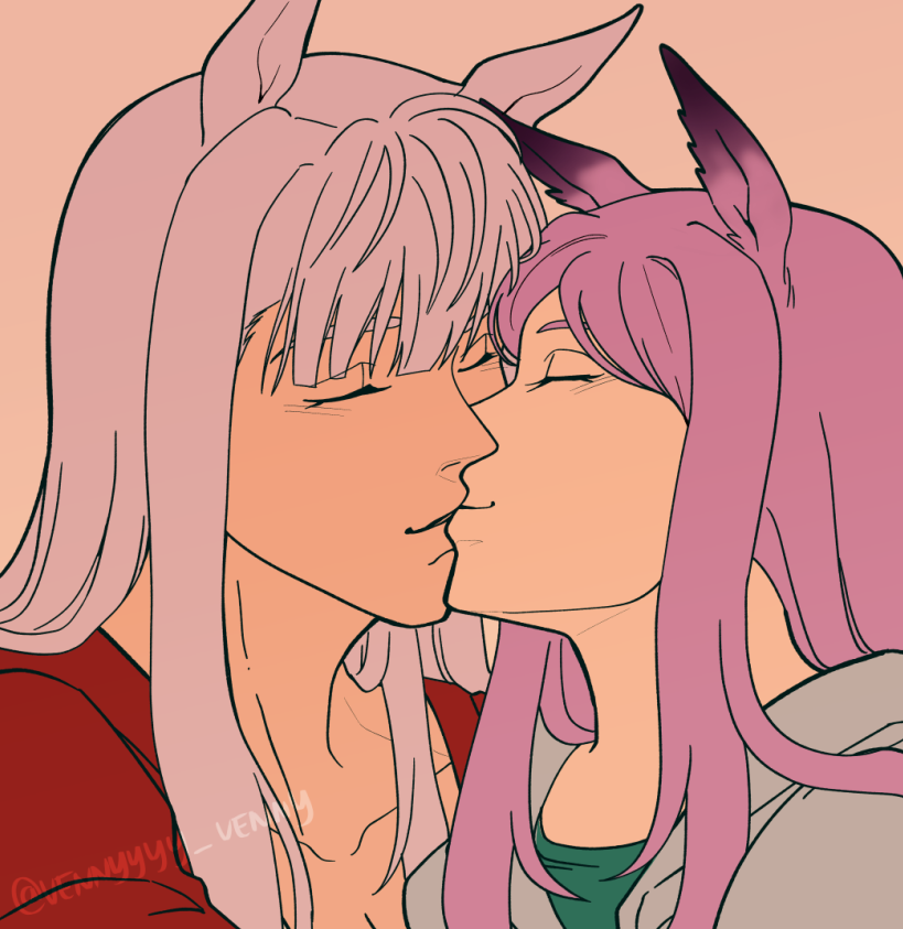 gold ship (umamusume), mejiro mcqueen (umamusume), umamusume, 2girls, animal ears, blunt bangs, closed eyes, couple, grey hair, horse ears, horse girl, horse tail, kiss, long hair, multiple girls, purple hair, simple background, smile, tail, vennyyyy draws, yuri