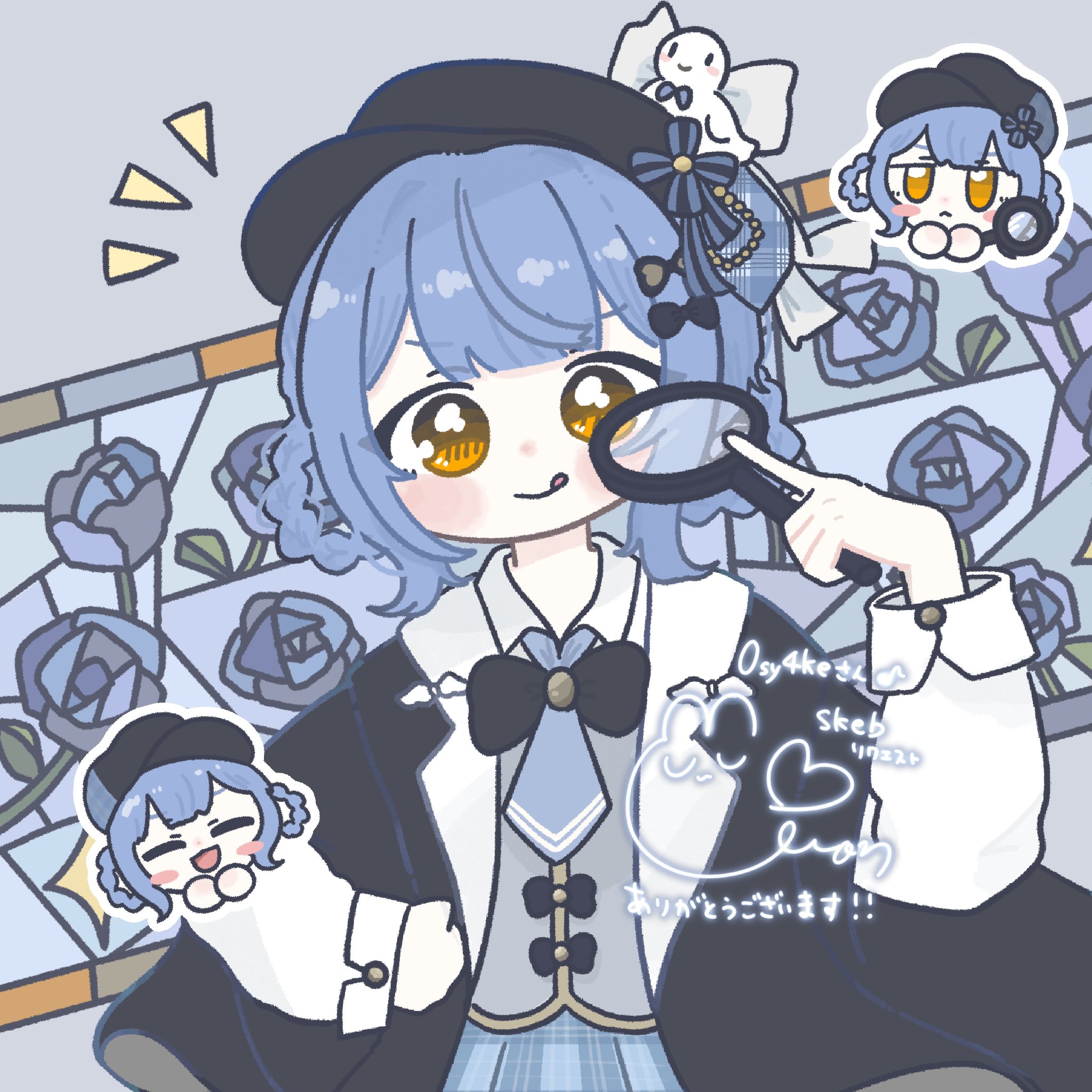 tachibana sherry, mahou shoujo no majo saiban, commentary request, commission, highres, skeb commission, translation request, 1girl, :q, black capelet, black hat, blue background, blue flower, blue hair, blue rose, blue skirt, braid, braided hair rings, capelet, chibi, chibi inset, cowboy shot, deerstalker, detective, flower, grey vest, hair rings, hat, holding, holding magnifying glass, long sleeves, looking at viewer, magnifying glass, notice lines, rose, sato coto, short hair, skirt, smile, solo, tongue, tongue out, vest, yellow eyes