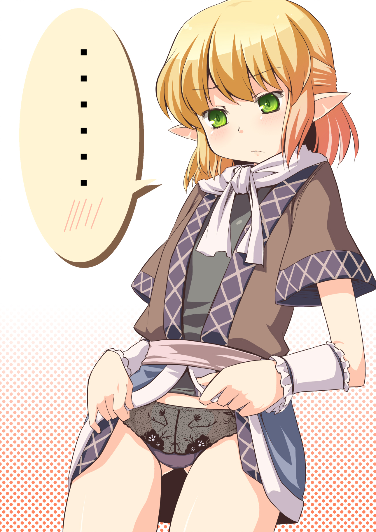 aaru (tenrake chaya), mizuhashi parsee, touhou, highres, 1girl, blonde hair, clothes lift, female focus, from below, green eyes, half updo, looking down, panties, pointy ears, skirt, skirt lift, solo, underwear