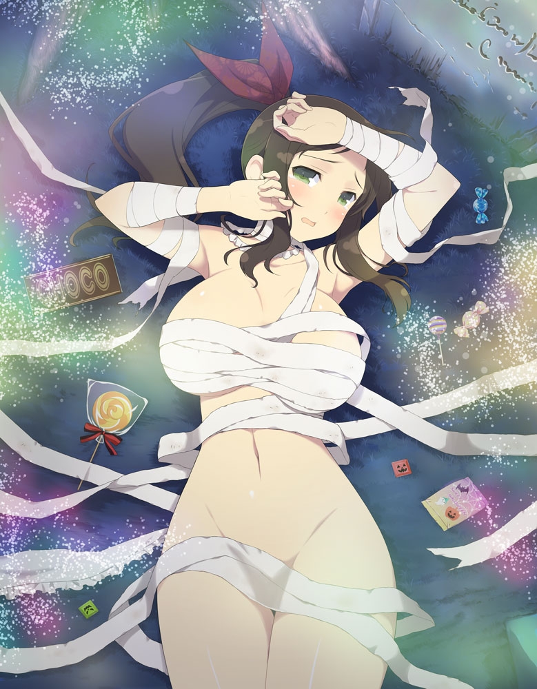 yaegashi nan, murakumo (senran kagura), senran kagura, senran kagura new wave, senran kagura shinovi versus, official art, 1girl, armpits, bandages, bare shoulders, blush, bow, breasts, brown hair, candy, candy wrapper, chocolate, chocolate bar, cleavage, floral print bow, floral print ribbon, food, grass, graveyard, green eyes, groin, hair bow, hair ribbon, halloween, large breasts, light particles, linea alba, lollipop, long hair, looking at viewer, lying, mummy costume, naked bandage, navel, night, on back, open mouth, outdoors, purple bow, purple ribbon, red ribbon, revealing clothes, ribbon, shiny skin, side ponytail, solo, tombstone, tree, wrapped candy
