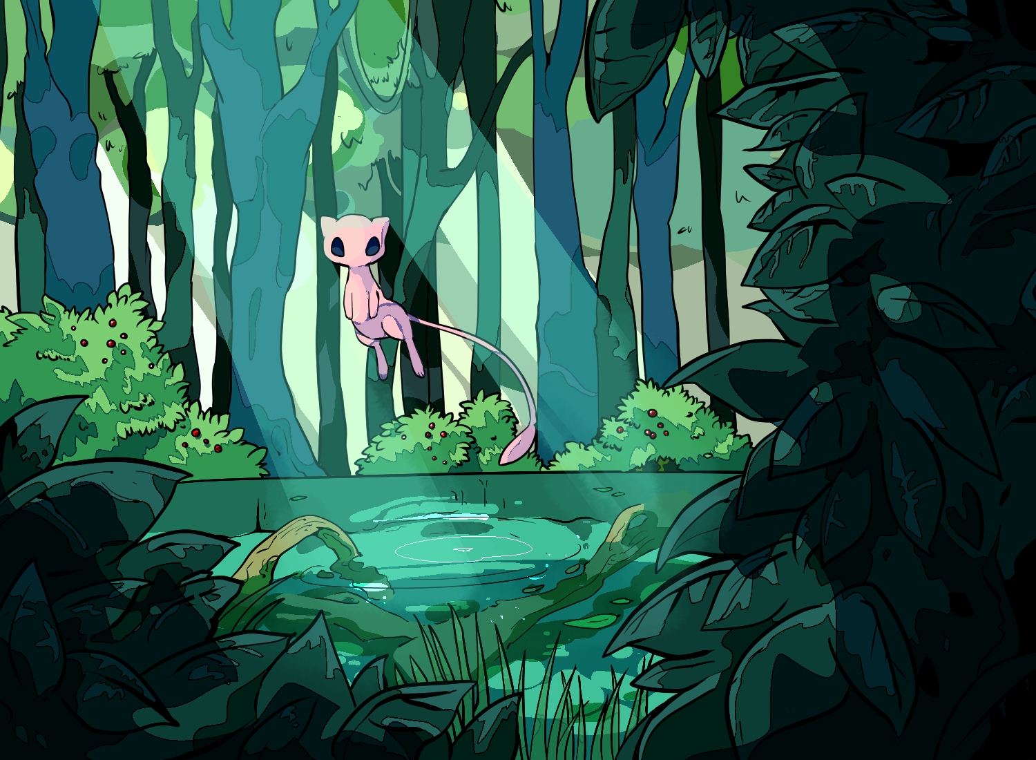 kura (shironagasu02), mew (pokemon), nintendo, pokemon, commentary request, black eyes, bush, floating, forest, full body, gen 1 pokemon, legendary pokemon, light rays, mythical pokemon, nature, outdoors, pond, ripples, solo, sunbeam, sunlight, tree