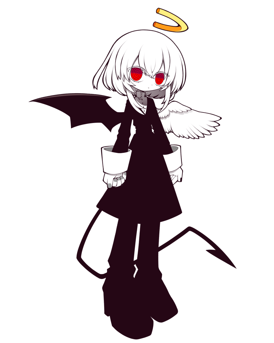 funamusea (artist), funamusea, official art, @ @, angel wings, broken halo, colored skin, demon tail, demon wings, dress, halo, high collar, looking at viewer, medium hair, pants, red eyes, rema (funamusea), shoes, tail, white background, white hair, white skin, wings