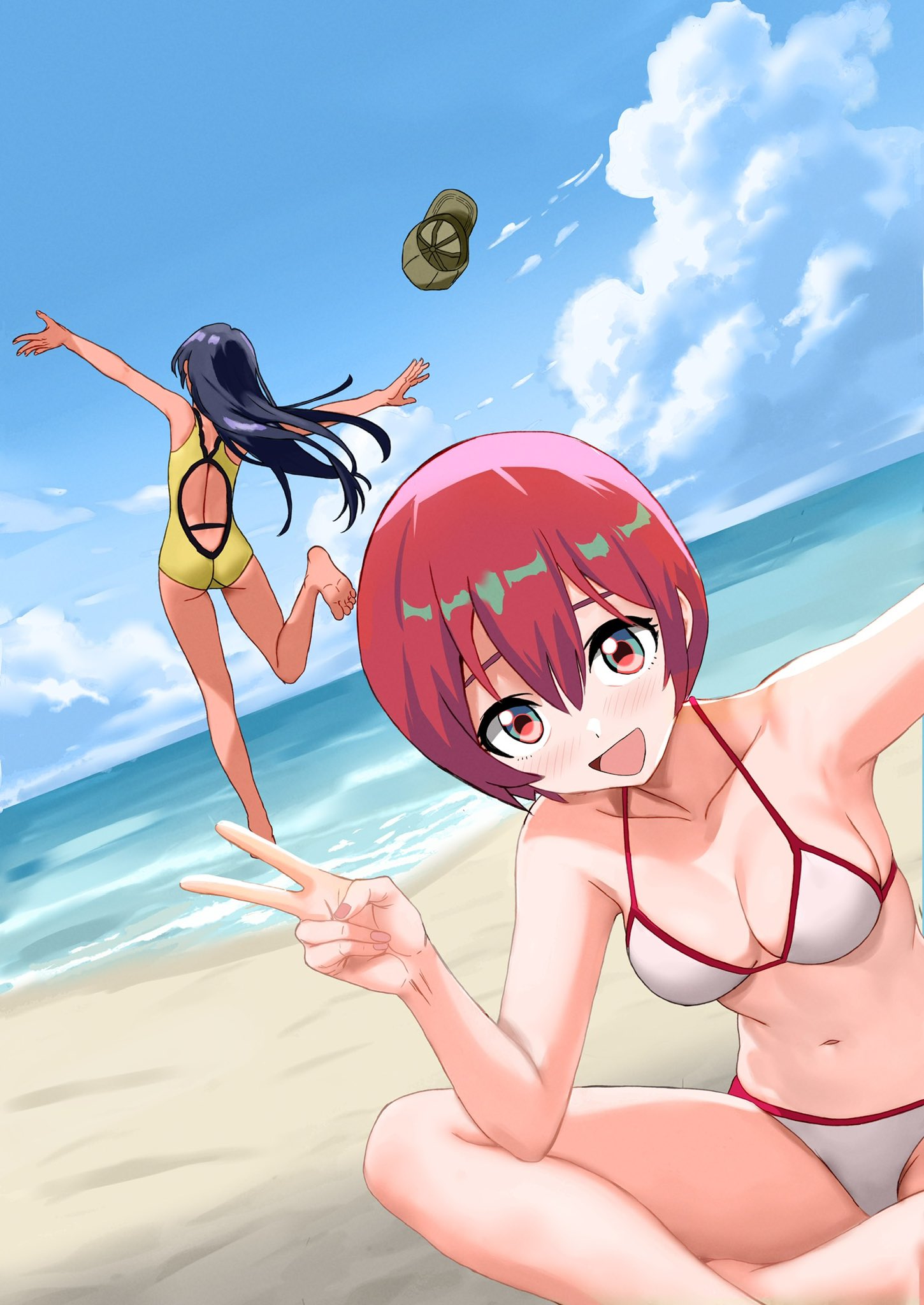 kinomiki, amate yuzuriha, challia bull, gundam, gundam gquuuuuux, commentary request, highres, 2girls, ass, beach, bikini, black hair, blue sky, breasts, cleavage, cloud, day, dutch angle, from above, from behind, green hat, hat, horizon, indian style, medium breasts, multiple girls, ocean, official alternate costume, one-piece swimsuit, outdoors, red eyes, red hair, sitting, sky, smile, swimsuit, unworn hat, unworn headwear, v, white bikini, yellow one-piece swimsuit