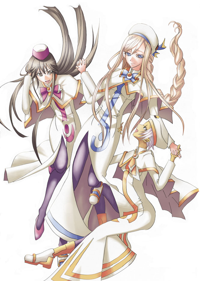 kuramunatchu, akira ferrari, alicia florence, athena glory, aria (manga), 00s, 3girls, black leggings, blonde hair, blue eyes, braid, brown eyes, brown hair, dress, hat, high collar, holding hands, leggings, long hair, multiple girls, pantyhose, purple hair, purple pantyhose, short hair, simple background, single braid, smile, very long hair