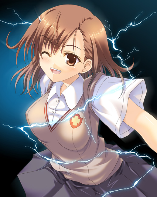 rakkyo, misaka mikoto, toaru kagaku no railgun, toaru majutsu no index, 00s, 1girl, breasts, brown eyes, brown hair, electricity, electrokinesis, female focus, gradient background, one eye closed, school uniform, short hair, solo, wink