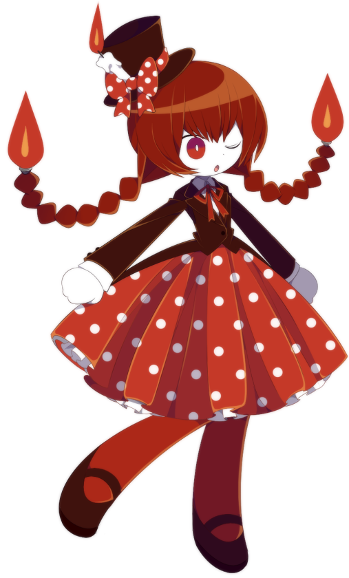 funamusea (artist), funamusea, official art, 1girl, braid, bright pupils, candla (funamusea), candle, colored skin, hat, jacket, long hair, neck ribbon, one eye closed, open mouth, polka dot, red eyes, red hair, red ribbon, ribbon, shirt, shoes, top hat, twin braids, white background, white pupils, white shirt, white skin