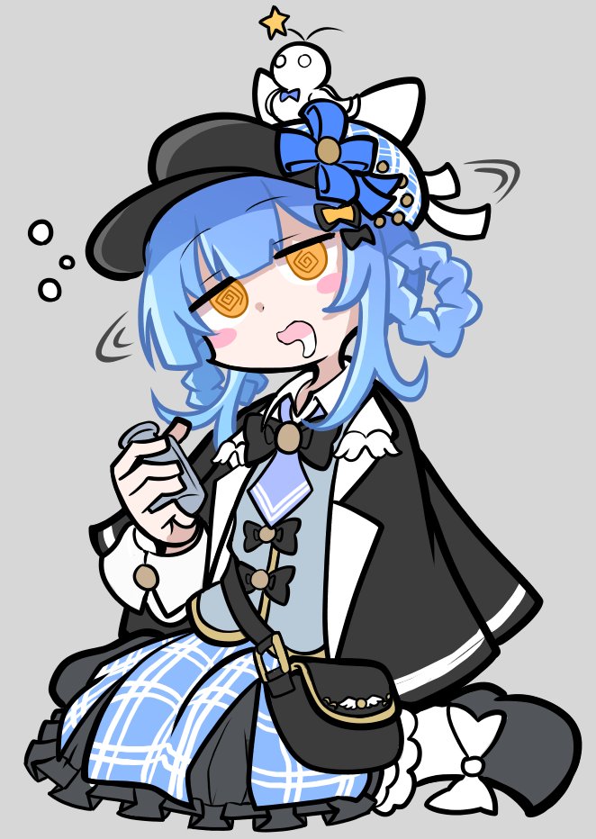 shinmon akika, tachibana sherry, mahou shoujo no majo saiban, puyopuyo, 1girl, black bag, black capelet, black hat, black shoes, blue hair, blue skirt, blush stickers, bottle, braid, braided hair rings, capelet, deerstalker, dizzy, drooling, full body, glass bottle, grey background, hair rings, hat, holding, holding bottle, jitome, long sleeves, looking at viewer, mouth drool, open mouth, parody, shoes, short hair, simple background, sitting, skirt, smile, solo, star (symbol), style parody, takenami hideyuki (style), yellow eyes