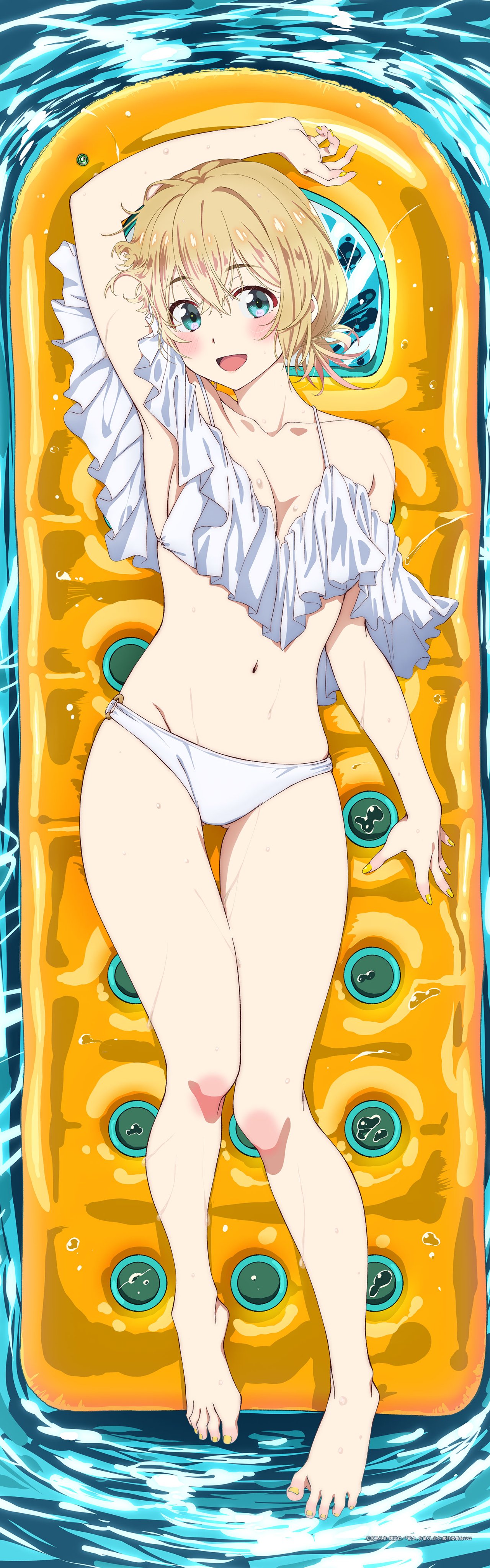hirayama kanna, nanami mami, kanojo okarishimasu, absurdres, commentary request, highres, official art, 1girl, armpits, barefoot, bikini, blonde hair, blush, breasts, cleavage, dakimakura (medium), feet, inflatable raft, knees, large breasts, looking at viewer, nail polish, open mouth, solo, swimsuit, toenail polish, toenails, toes, water, white bikini, yellow nails