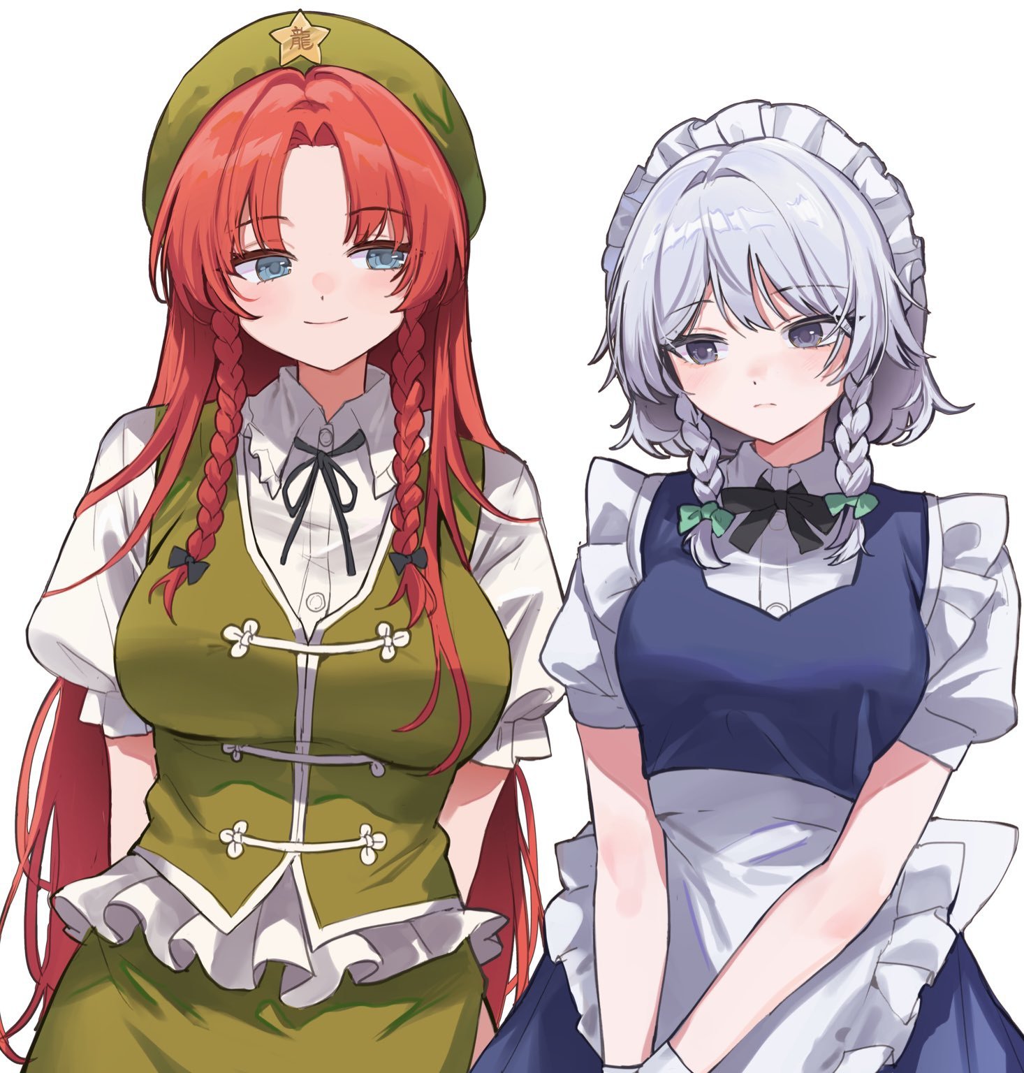 sarukana, hong meiling, izayoi sakuya, touhou, highres, 2girls, apron, arms behind back, black bow, black ribbon, blue eyes, blue skirt, blue vest, bow, braid, breasts, chinese clothes, closed mouth, cowboy shot, curtained hair, dress shirt, frilled apron, frilled hairband, frilled shirt, frills, green hat, green skirt, green vest, grey eyes, hair bow, hairband, hat, large breasts, light frown, long hair, looking at another, maid, maid apron, maid headdress, medium breasts, multiple girls, own hands together, red hair, ribbon, shirt, short sleeves, sideways glance, simple background, skirt, smile, twin braids, very long hair, vest, white apron, white background, white hair, white hairband, white shirt, wing collar