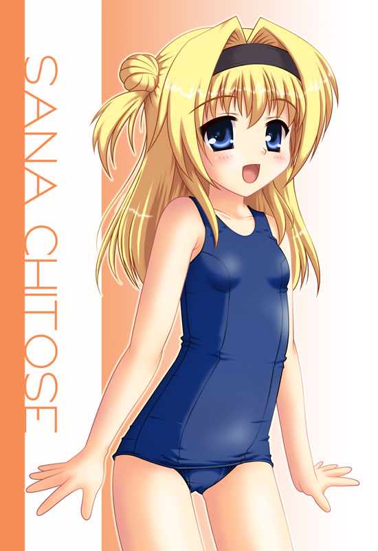 neopure, chitose sana, tenshinranman, 1girl, blonde hair, blue eyes, blush, cameltoe, female focus, flat chest, hairband, loli, long hair, one-piece swimsuit, school swimsuit, solo, swimsuit, wrists extended