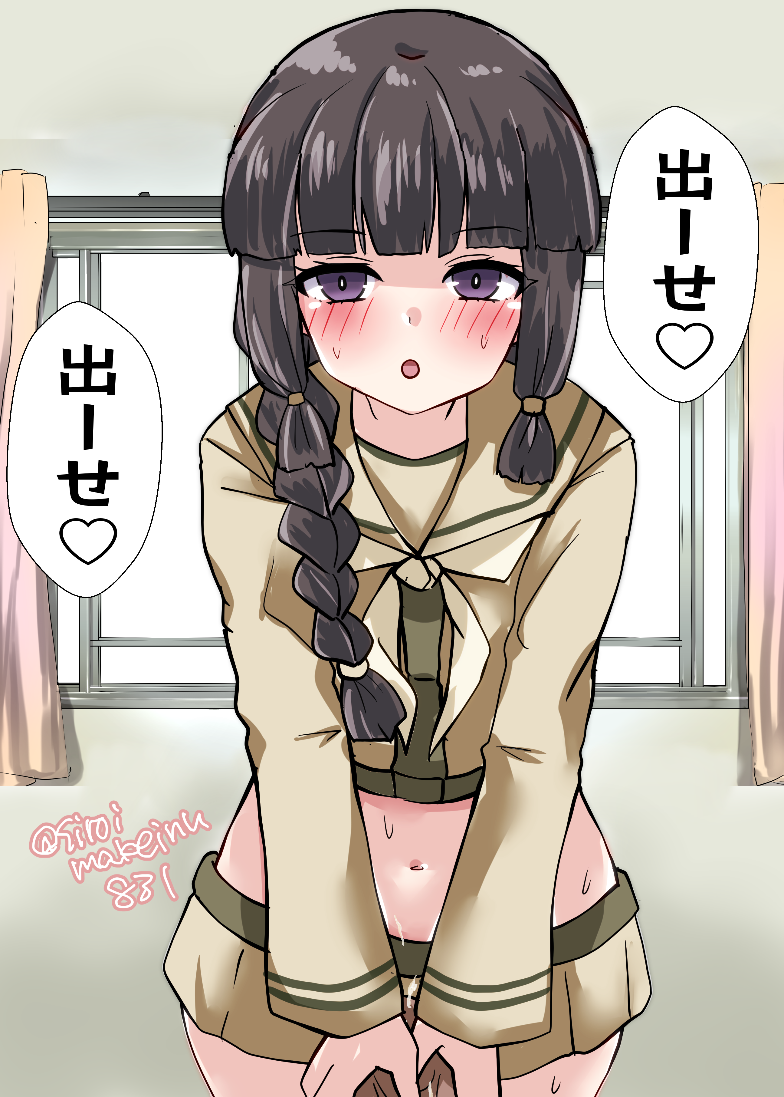 kitahama (siroimakeinu831), kitakami (kancolle), kitakami kai ni (kancolle), kantai collection, absurdres, commentary request, highres, translation request, 1girl, black hair, blunt bangs, braid, hair over shoulder, leaning forward, long hair, long sleeves, midriff, neckerchief, one-hour drawing challenge, pleated skirt, sailor collar, school uniform, serafuku, shirt, sidelocks, single braid, skirt, solo, tally, twitter username, white neckerchief, yellow sailor collar, yellow serafuku, yellow shirt, yellow skirt