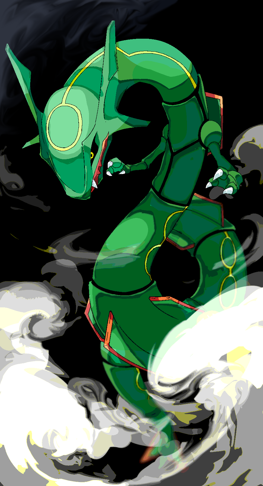 kura (shironagasu02), rayquaza, nintendo, pokemon, commentary request, highres, black background, claws, closed mouth, cloud, fangs, full body, gen 3 pokemon, legendary pokemon, no humans, pokemon (creature), solo, yellow eyes