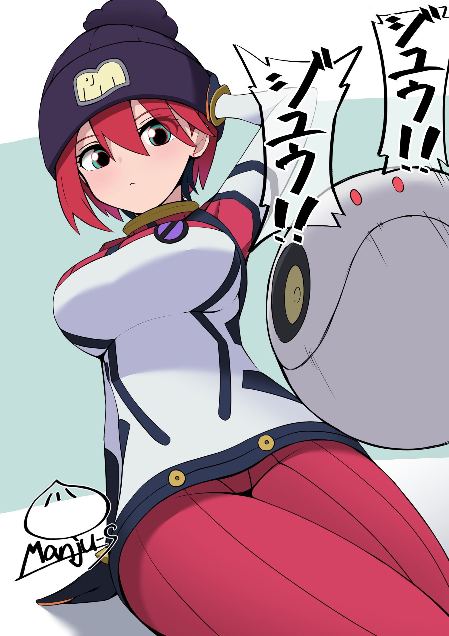 amate yuzuriha, gundam, gundam gquuuuuux, highres, 1girl, aqua eyes, ass, beanie, hair between eyes, hat, mecha pilot suit, red hair, short hair, solo