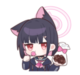 kazusa (blue archive), blue archive, animated, animated png, lowres, non-repeating animation, non-web source, official art, 1girl, animal ears, black hair, candy, cat ears, chibi, chibi only, chocolate, closed mouth, colored inner hair, extra ears, food, halo, holding, holding candy, holding chocolate, holding food, holding lollipop, line sticker available, lollipop, looking at viewer, multicolored hair, pink hair, pink halo, red eyes, school uniform, short hair, simple background, solo, transparent background, two-tone hair, upper body