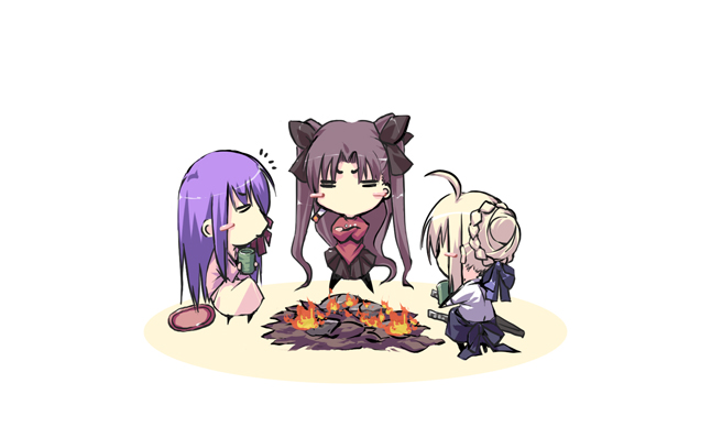satomi (black scarecrow), artoria pendragon (fate), matou sakura, saber (fate), tohsaka rin, fate/stay night, fate (series), 00s, 3girls, blush stickers, chibi, cigarette, fire, multiple girls, no nose, pantyhose, smoking