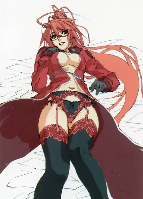 jingai makyou, nitroplus, scan, 1girl, breasts, female focus, glasses, gloves, lying, navel, panties, red hair, solo, underwear, white background