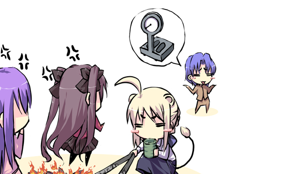 satomi (black scarecrow), artoria pendragon (fate), matou sakura, matou shinji, saber (fate), tohsaka rin, fate/stay night, fate (series), 00s, 1boy, 3girls, animal ears, blush stickers, chibi, fire, multiple girls, no nose, pantyhose, tail, weighing scale