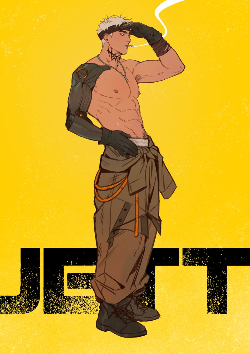 yanm0ri, original, silver necklace, commentary, highres, symbol-only commentary, 1boy, abs, armpit hair, artist name, baggy pants, black boots, black eyes, black eyeshadow, black gloves, black headband, boots, brown pants, brown shirt, character name, cigarette, clothes around waist, ear piercing, eyeshadow, eyeshadow under eye, full body, gloves, hand on own hip, headband, jett (yanm0ri), jewelry, lace-up boots, makeup, male pubic hair, male underwear, male underwear peek, mechanical arms, mole, mole above eye, mole on chest, mouth hold, neck tattoo, necklace, nipple piercing, pants, parted lips, pectorals, piercing, prosthesis, prosthetic arm, pubic hair, shading eyes, shirt, shirt around waist, short hair, single mechanical arm, single nipple piercing, smoke, smoking, spray paint, standing, tan, tattoo, teeth, thick eyebrows, underwear, white hair, white male underwear, yellow background