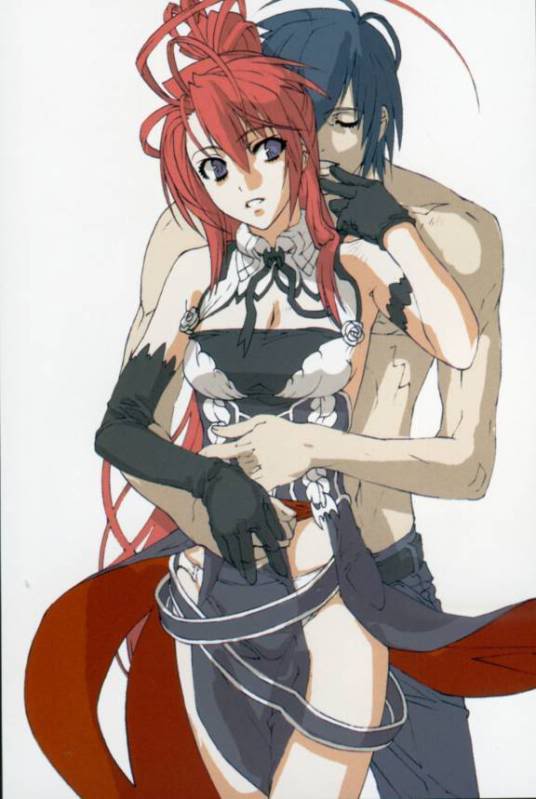 ignis (jingai makyou), katsuki kumon, jingai makyou, nitroplus, blue eyes, blue hair, breasts, closed eyes, couple, gloves, red hair