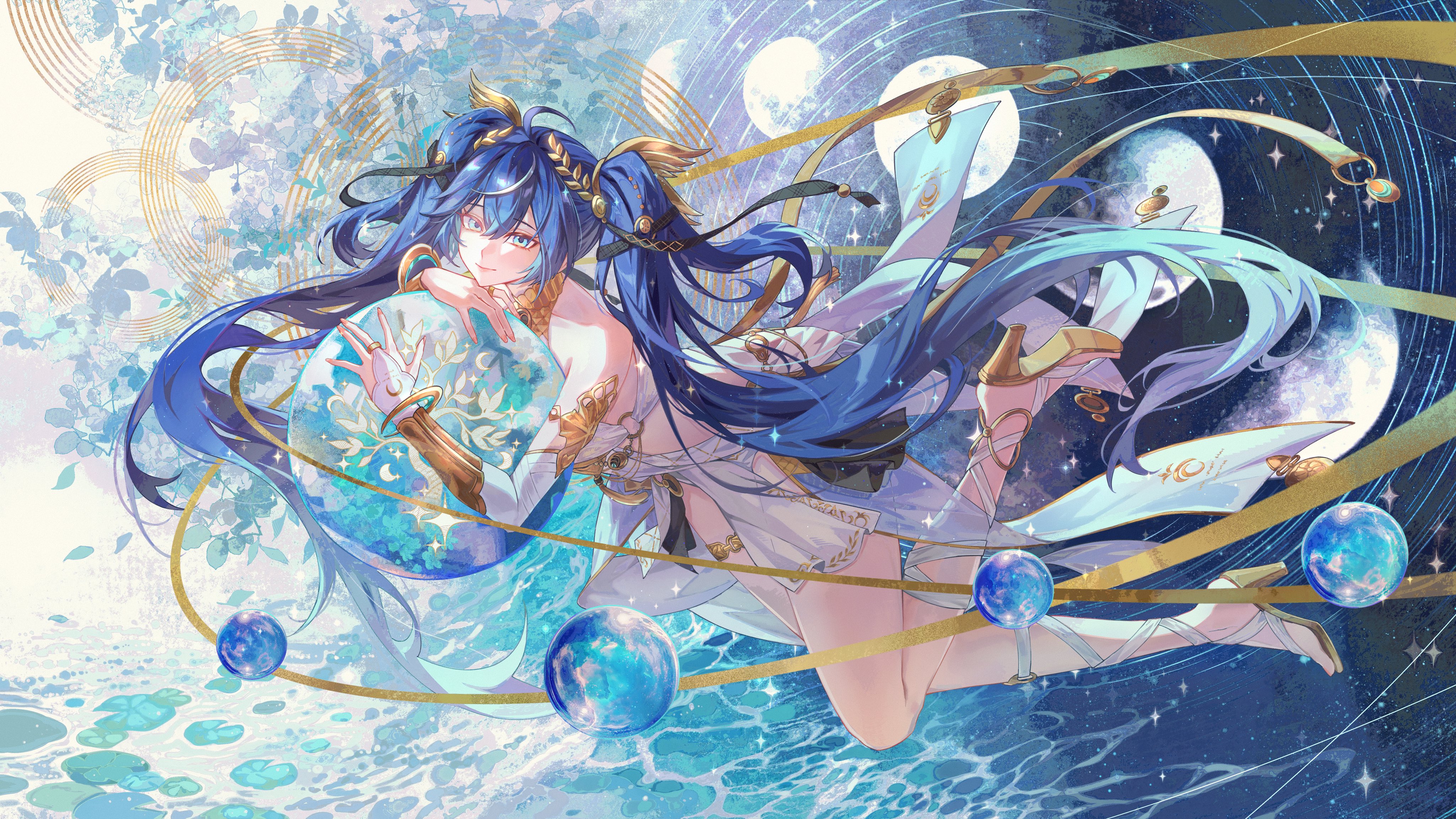 sagi (sagi 0116), iuno (wuthering waves), wuthering waves, absurdres, commentary request, highres, 1girl, ancient greek clothes, armlet, bare shoulders, black skirt, blue eyes, blue hair, bridal gauntlets, closed mouth, gradient hair, greco-roman clothes, hair between eyes, jewelry, laurel crown, long hair, looking at viewer, multicolored hair, showgirl skirt, skirt, smile, solo, thighlet, thighs, twintails, vambraces, very long hair, white bridal gauntlets
