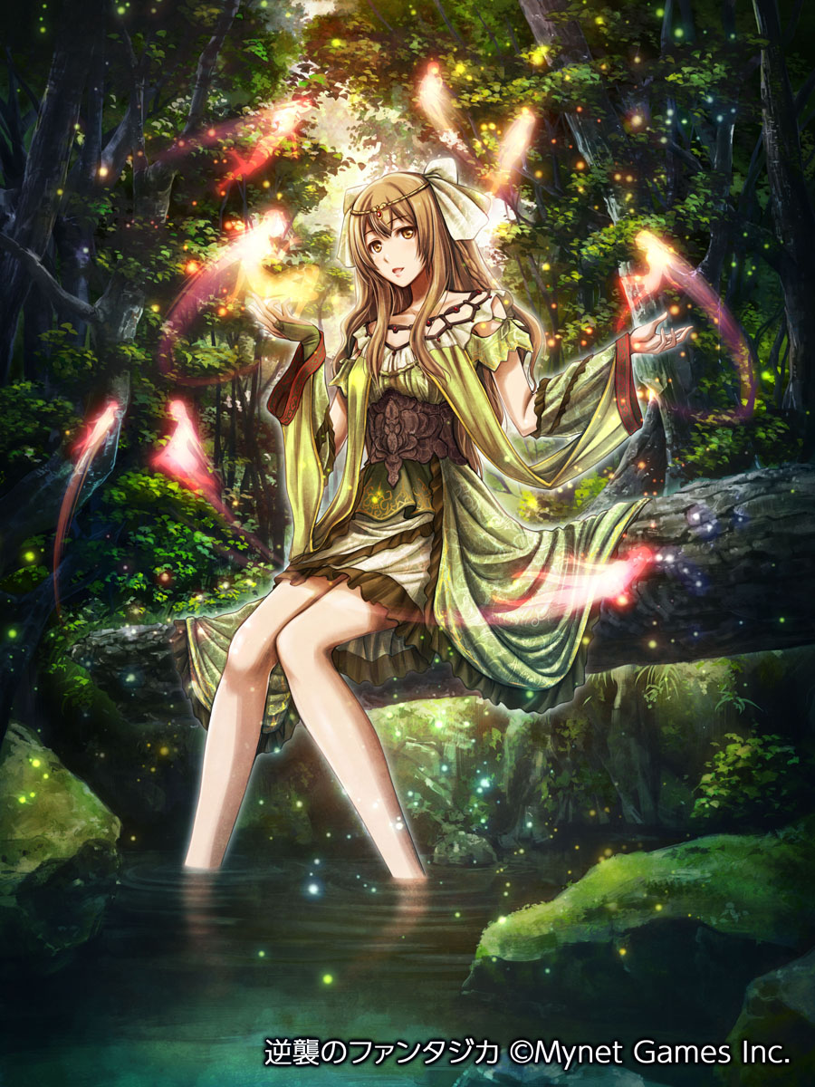 ueda metawo, gyakushuu no fantasica, commentary request, highres, official art, 1girl, brown eyes, brown hair, copyright notice, day, double-parted bangs, dress, forest, full body, green dress, hair ribbon, hands up, long hair, long sleeves, nature, open mouth, outdoors, ribbon, sitting, soaking feet, solo, tree, water, white ribbon, wide sleeves