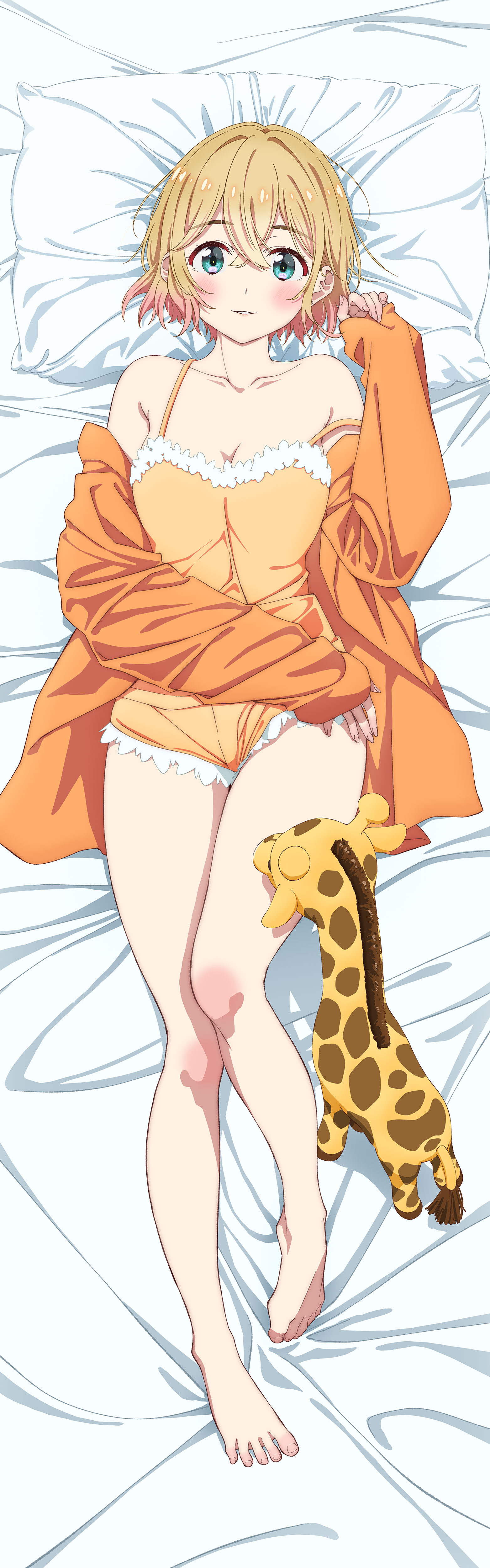 hirayama kanna, nanami mami, kanojo okarishimasu, absurdres, highres, official art, 1girl, barefoot, blonde hair, blue eyes, blush, collarbone, dakimakura (medium), feet, green eyes, lying, on back, on bed, smile, solo, stuffed animal, stuffed giraffe, stuffed toy, toes