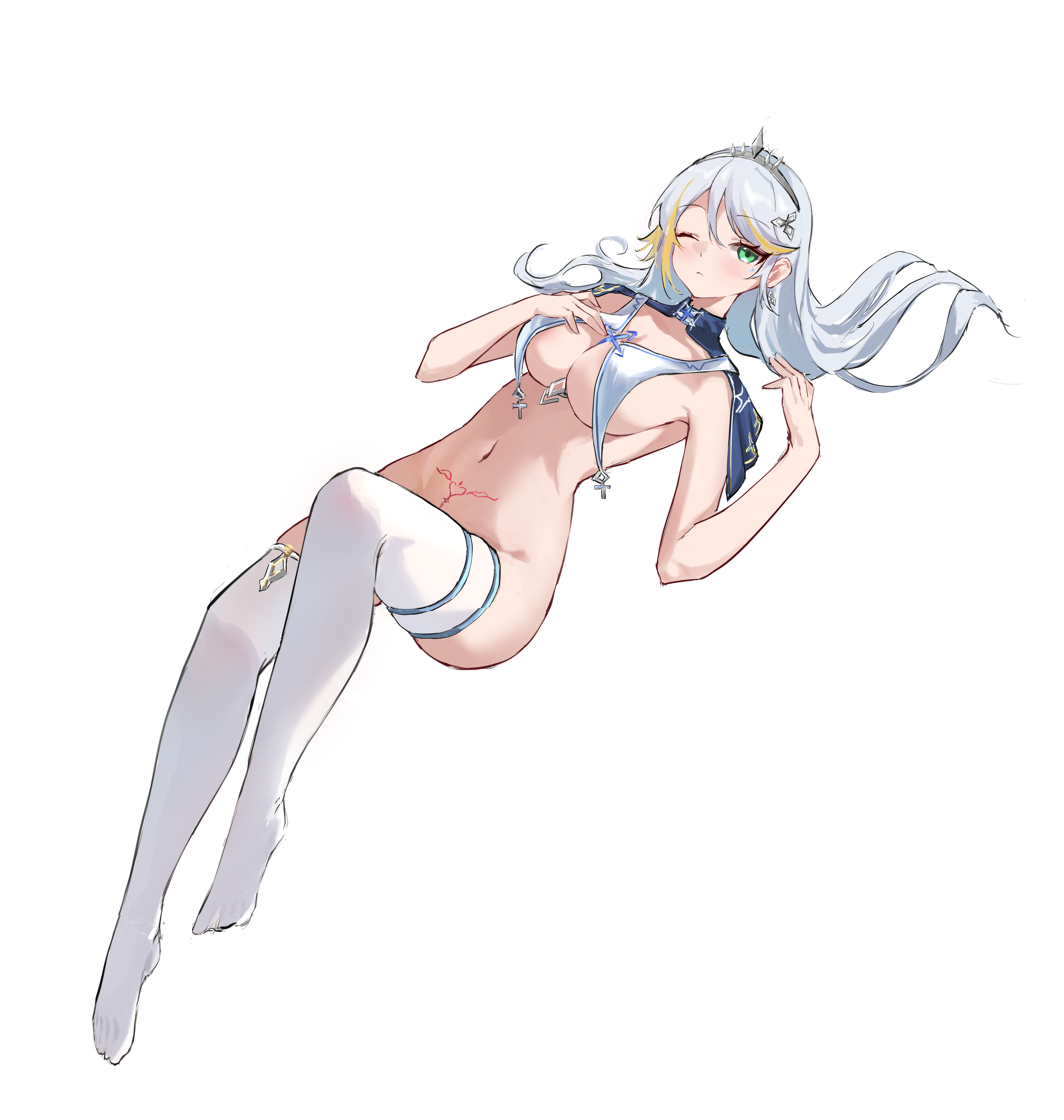 original, absurdres, commentary request, highres, 1girl, blue hair, breasts, green eyes, long hair, looking at viewer, lying, medium breasts, navel, on back, one eye closed, pubic tattoo, skindentation, solo, stomach, tattoo, thighhighs, tian dong wu yu, white background, white thighhighs