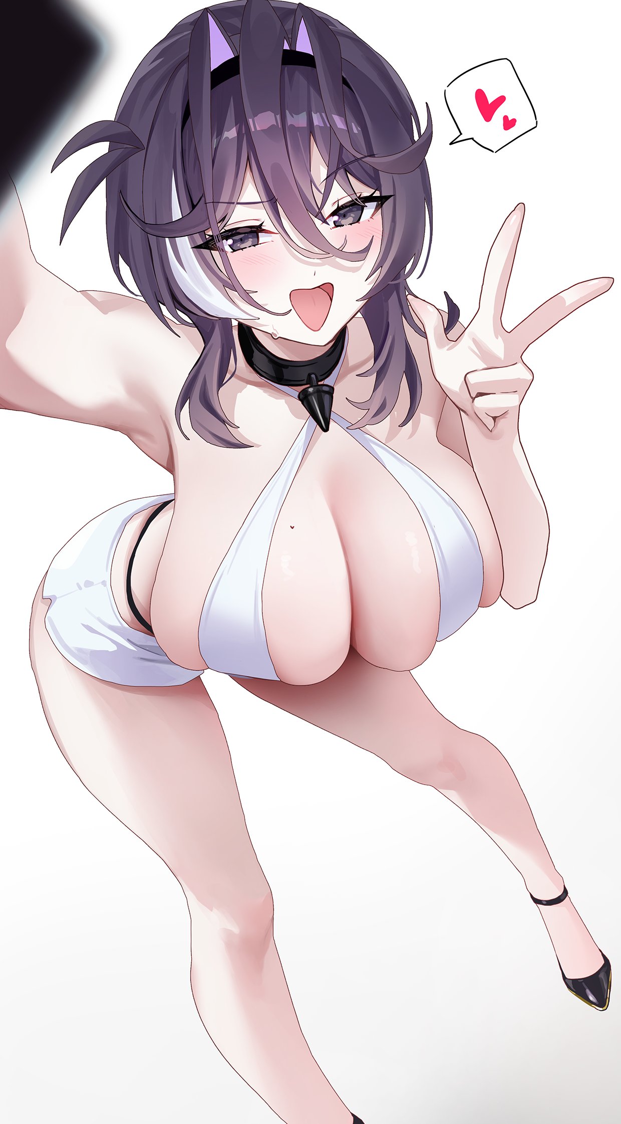 picter, original, commentary request, highres, 1girl, ankle strap, arm up, armpits, bare shoulders, bent over, bikini, bikini bottom under shorts, bikini top only, bikini under clothes, black choker, blurry, breasts, choker, cleavage, collarbone, criss-cross halter, depth of field, grey eyes, hair between eyes, hair intakes, halterneck, hand up, headband, heart, high heels, large breasts, legs, long hair between eyes, looking at viewer, multicolored hair, open mouth, outstretched arm, purple hair, reaching, reaching towards viewer, short hair, short shorts, shorts, sideboob, simple background, skindentation, smile, solo, spoken heart, standing, strap, streaked hair, sweatdrop, swimsuit, thighs, tongue, v, white background, white bikini, white shorts, white streaks