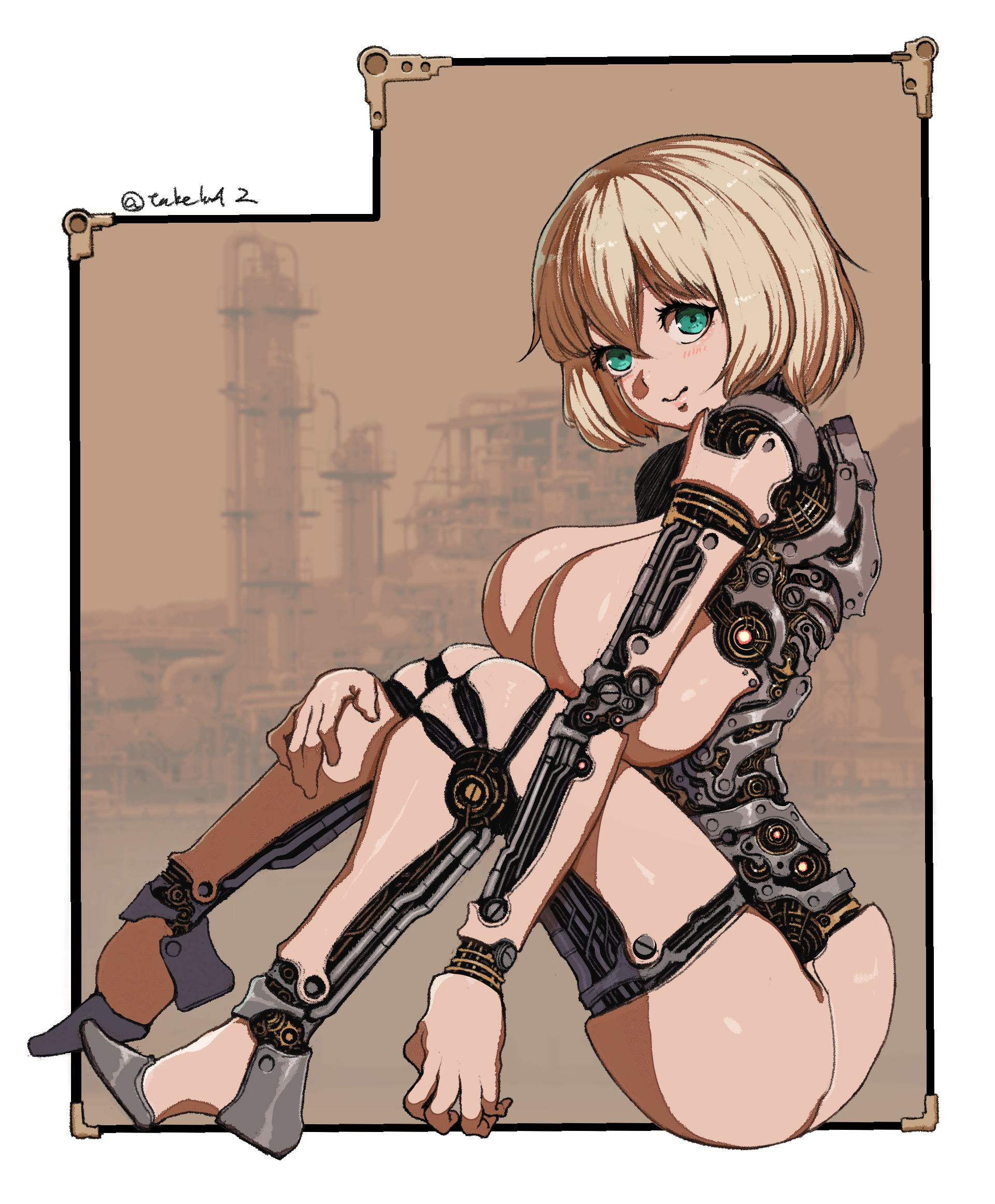 takefu jiin, original, commentary request, highres, 1girl, android, bare shoulders, blonde hair, blush, breasts, green eyes, hair between eyes, large breasts, looking at viewer, mechabare, mechanical arms, mechanical legs, nude, short hair, sitting, smile, solo, thighs