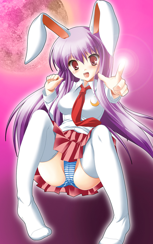 kamiya tomoe, reisen udongein inaba, touhou, 1girl, animal ears, female focus, necktie, panties, purple hair, rabbit ears, red eyes, red necktie, solo, striped clothes, striped panties, thighhighs, underwear