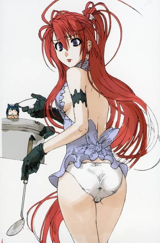 ignis (jingai makyou), jingai makyou, nitroplus, apron, blue eyes, breasts, gloves, ladle, panties, red hair, sideboob, underwear