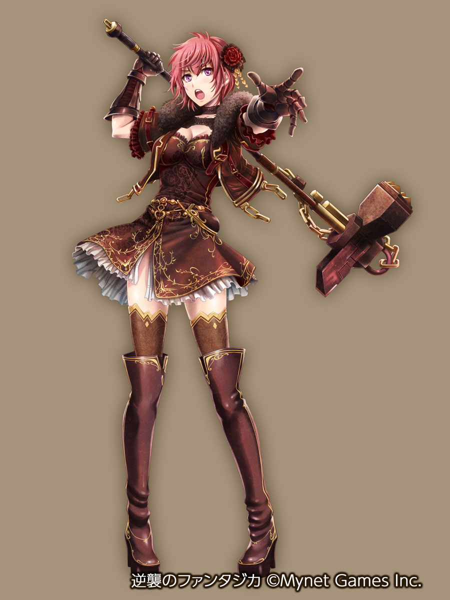 ueda metawo, gyakushuu no fantasica, commentary request, highres, official art, 1girl, :o, black gloves, boots, breasts, brown background, brown boots, brown dress, brown thighhighs, cleavage, copyright notice, dress, flower, frilled dress, frilled sleeves, frills, full body, gloves, hair between eyes, hair flower, hair ornament, hammer, holding, holding hammer, large breasts, looking at viewer, open mouth, outstretched arm, red eyes, red hair, short dress, short hair, short sleeves, simple background, solo, standing, thigh boots, thighhighs, zettai ryouiki