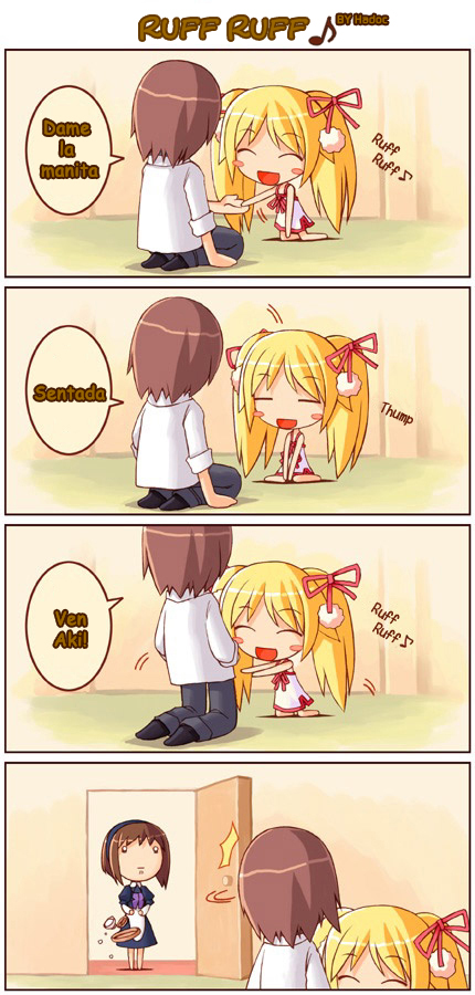 sd, shigatake, spanish, translated, 4koma, blonde hair, brown hair, comic, dress, hair ribbon, hairband, ribbon, twintails