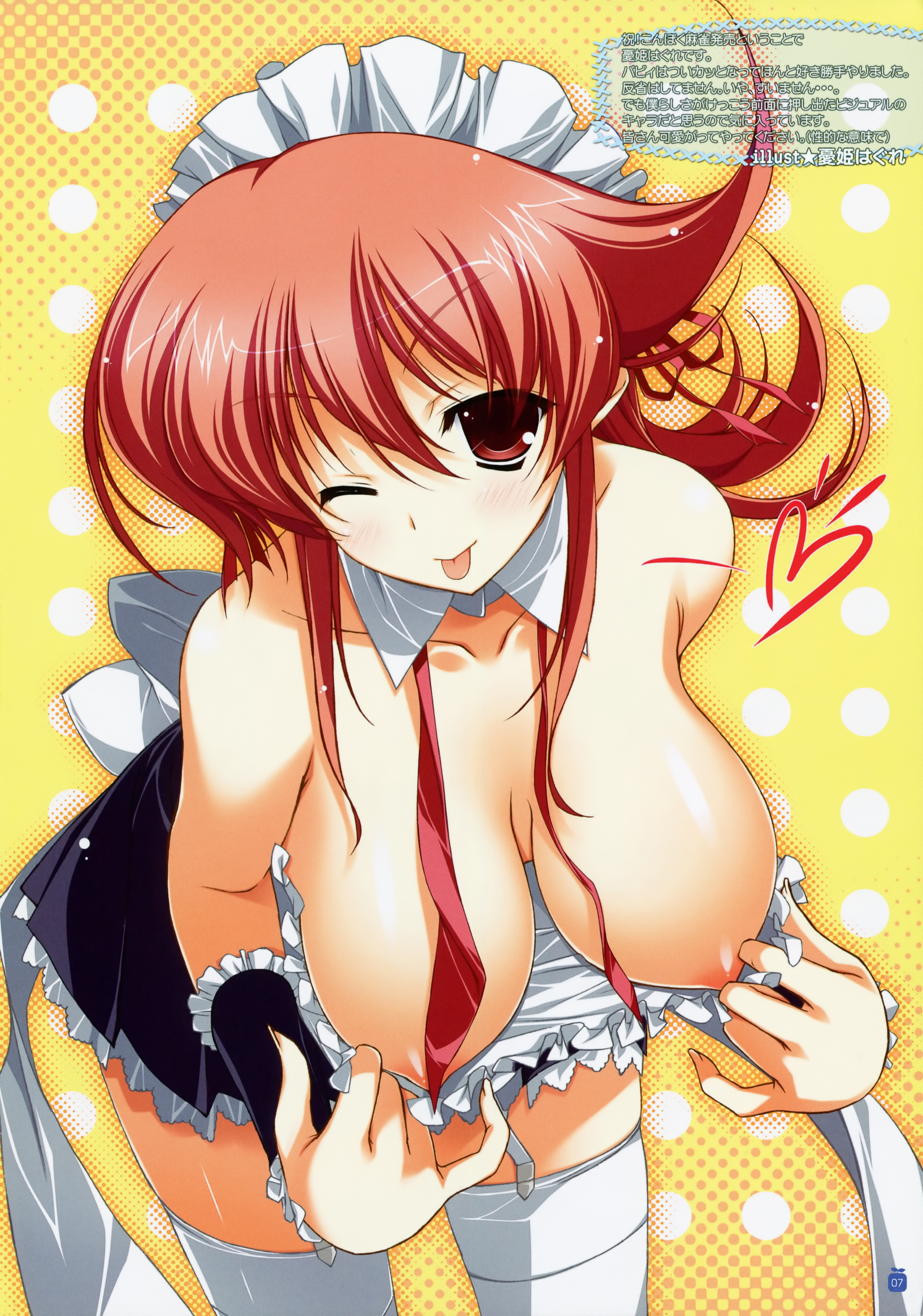 yuuki hagure, baba sobutiria airi, konboku mahjong, absurdres, highres, 1girl, :p, ;p, breasts, censored, clothes pull, convenient censoring, downblouse, female focus, garter straps, large breasts, leaning forward, maid, nipples, no bra, one eye closed, red eyes, red hair, shirt pull, solo, thighhighs, tongue, tongue out, wink