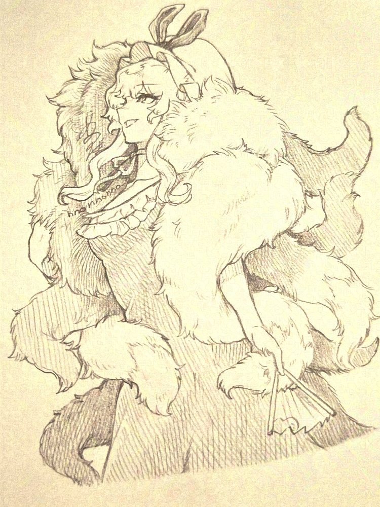 menotama, yakumo yukari, touhou, commentary request, traditional media, translation request, 1girl, artist name, dress, fox tail, hand fan, hat, hat ribbon, holding, holding fan, long hair, mob cap, ribbon, signature, smile, solo, tail