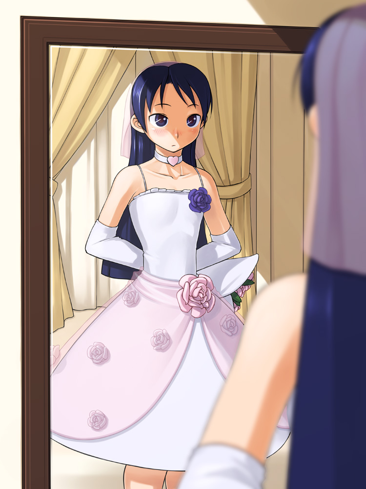 ginger (pixiv), kisaragi chihaya, idolmaster, idolmaster (classic), 00s, 1girl, bare shoulders, blue eyes, blue hair, blush, bouquet, bridal veil, bride, choker, dress, elbow gloves, female focus, flat chest, flower, gloves, indoors, long hair, matching hair/eyes, mirror, reflection, solo, veil, wedding dress