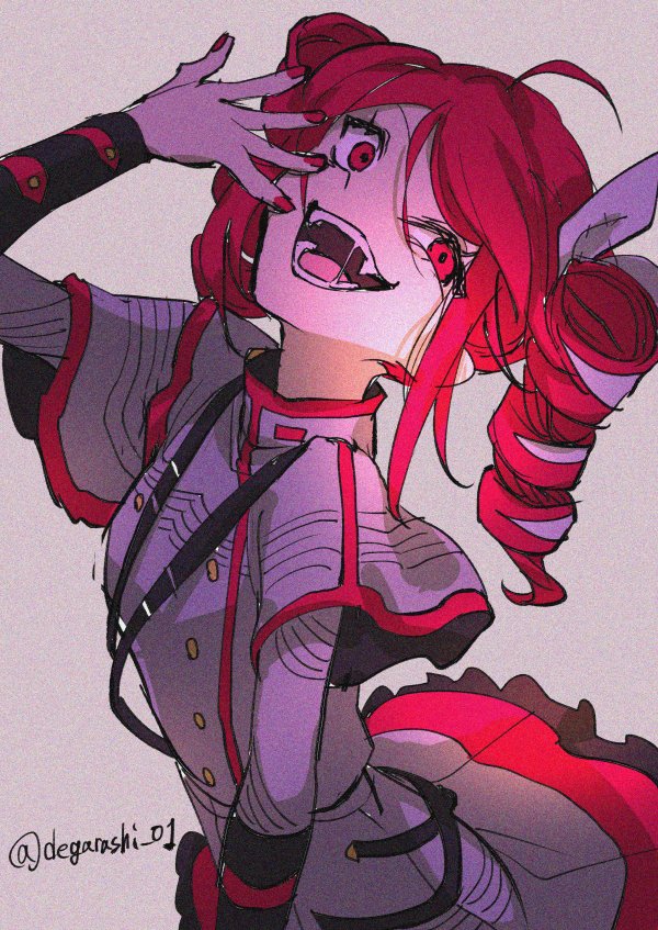 degarashi 01, kasane teto, synthesizer v, utau, commentary, 1girl, crazy eyes, crazy smile, drill hair, grey shirt, looking at viewer, red eyes, red hair, shirt, signature, smile, upper body