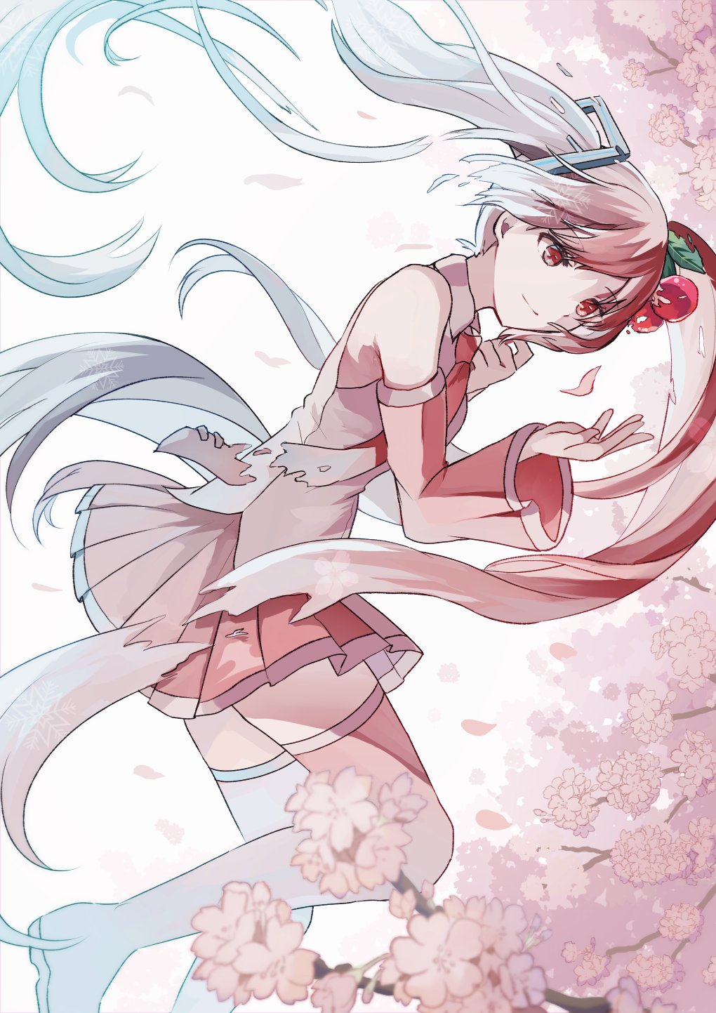 wakolenrin, hatsune miku, sakura miku, yuki miku, vocaloid, commentary request, highres, 1girl, aqua hair, boots, cherry blossoms, cherry hair ornament, closed mouth, collared shirt, detached sleeves, food-themed hair ornament, hair between eyes, hair ornament, long hair, long sleeves, miniskirt, pink eyes, pink hair, pink skirt, pleated skirt, shirt, skirt, sleeveless, sleeveless shirt, smile, solo, thigh boots, twintails, very long hair, white shirt, wide sleeves