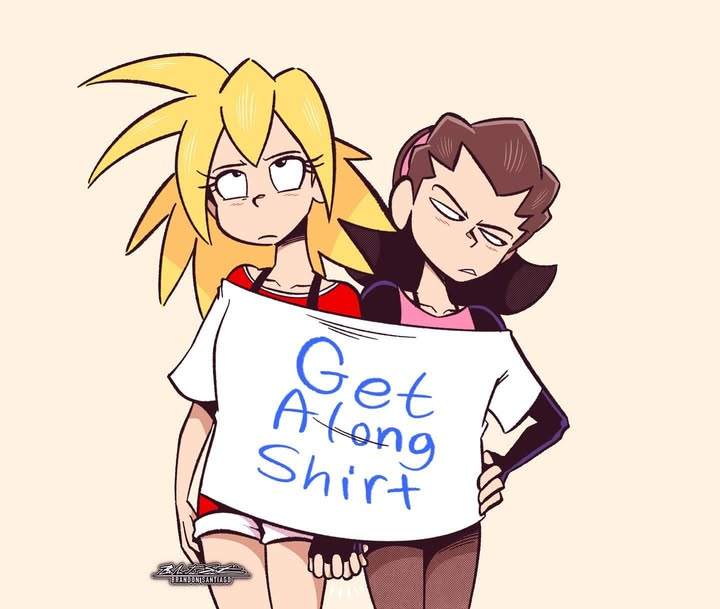 brandon santiago, roll caskett (mega man), tron bonne (mega man), mega man (series), mega man legends (series), commentary, english commentary, 2girls, awkward, blonde hair, brown hair, english text, fingerless gloves, gloves, holding hands, multiple girls, shared shirt, shorts