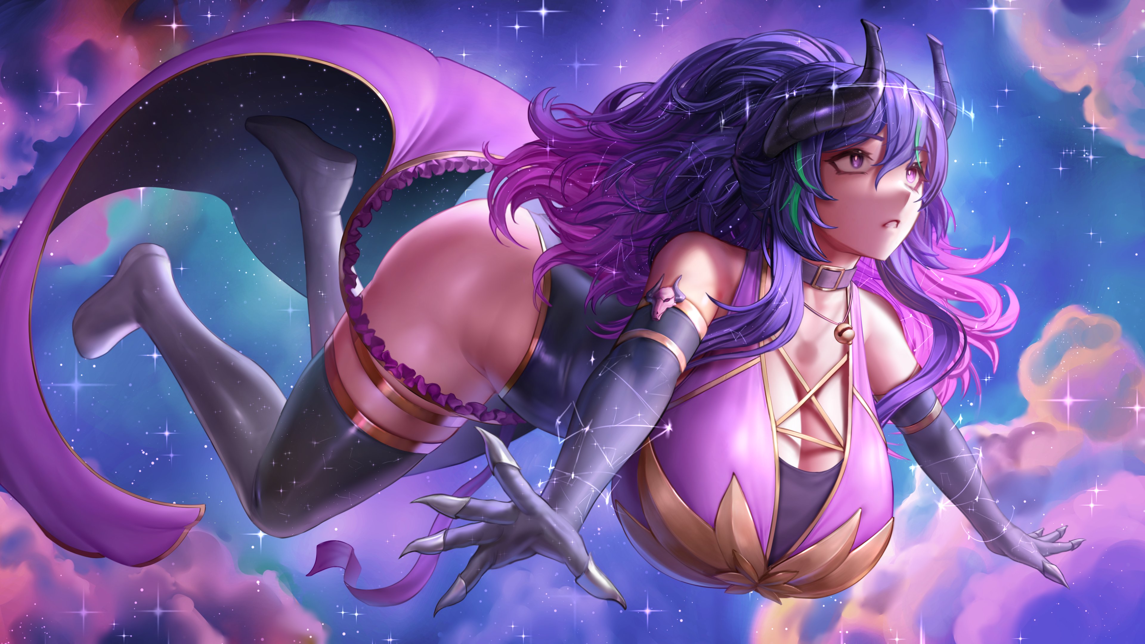 numanoan, indie virtual youtuber, absurdres, commentary, commission, english commentary, highres, 1girl, aqua streaks, bare shoulders, bell, belt collar, black boots, black horns, boots, breasts, choker, cleavage, collar, collarbone, dragon girl, dragon horns, elbow gloves, eyelashes, flying, full body, gigantic breasts, gloves, gumi seiryu, hair between eyes, horns, leotard, light particles, long hair, looking to the side, multicolored hair, neck bell, pelvic curtain, purple choker, purple eyes, purple gloves, purple hair, purple leotard, sidelocks, skull ornament, solo, space, star (sky), thick thighs, thigh boots, thighs, two-tone hair, very long hair, virtual youtuber