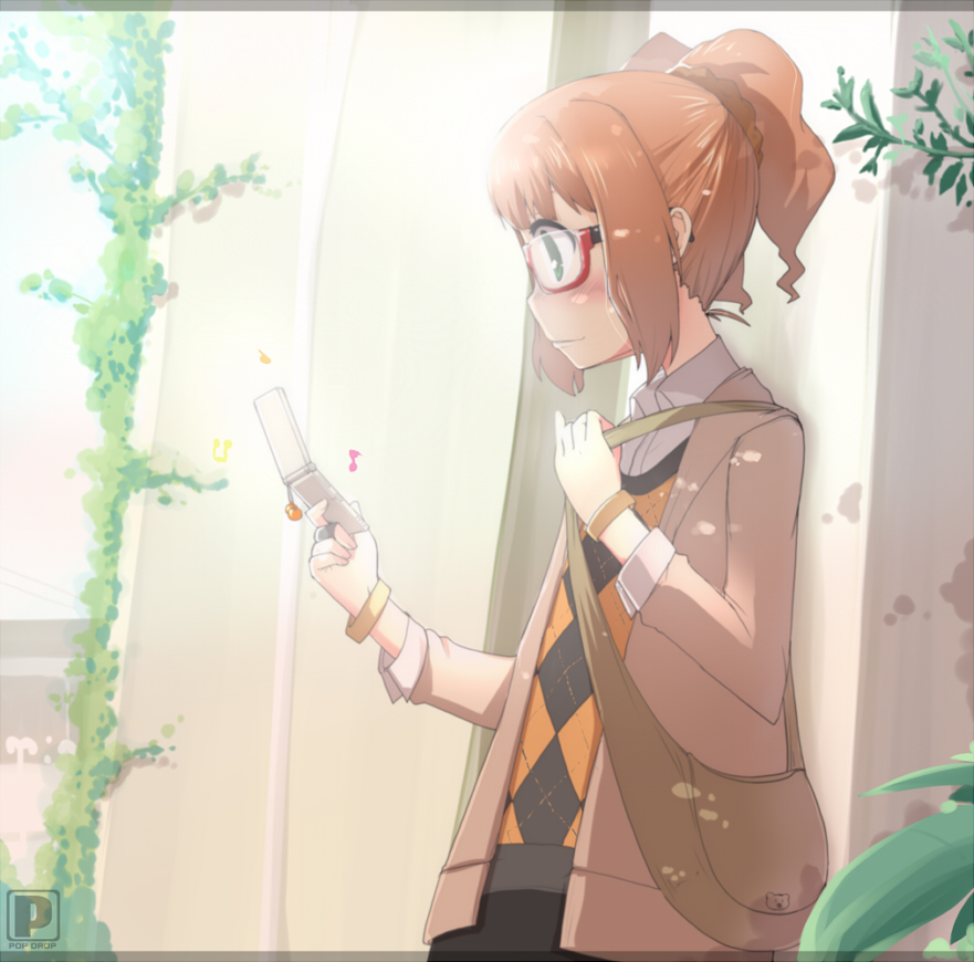 adatihide, takatsuki yayoi, college of angel (idolmaster), idolmaster, idolmaster (classic), argyle, 00s, 1girl, bag, bespectacled, blush, bracelet, brown hair, cellphone, female focus, glasses, green eyes, jewelry, nature, outdoors, phone, short hair, sky, smile, solo, sweater vest, twintails, vest