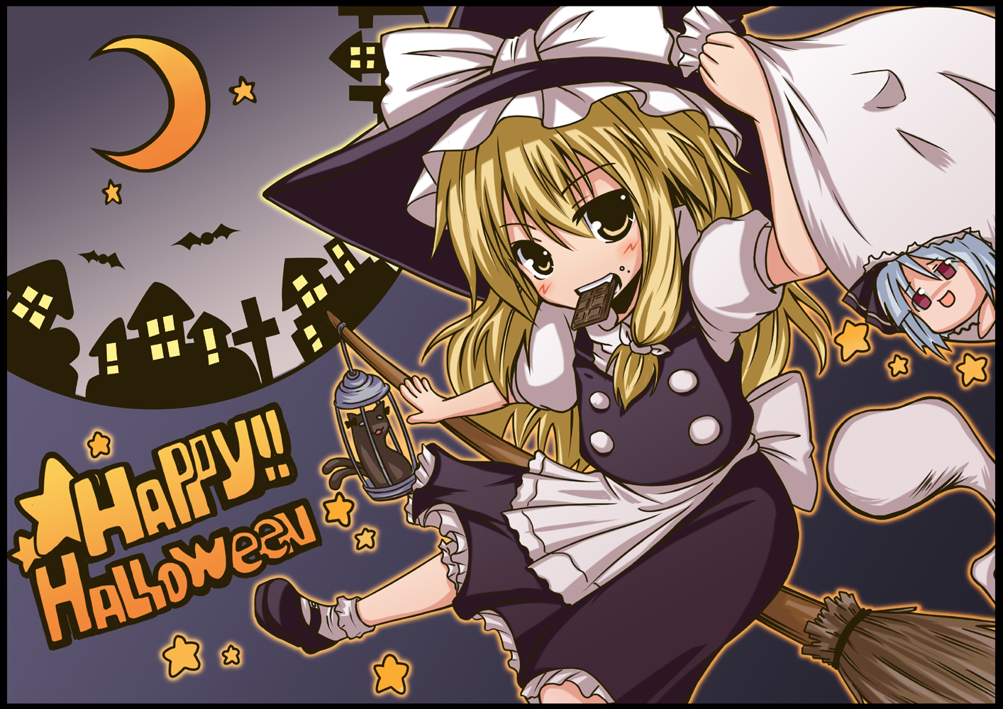 lock heart (juuryokudou), kaenbyou rin, kaenbyou rin (cat), kirisame marisa, konpaku youmu, konpaku youmu (ghost), touhou, 2girls, blonde hair, broom, broom riding, brown eyes, chocolate, female focus, grey background, halloween, happy halloween, hat, hitodama, multiple girls, sidesaddle, witch, witch hat, yukkuri shiteitte ne