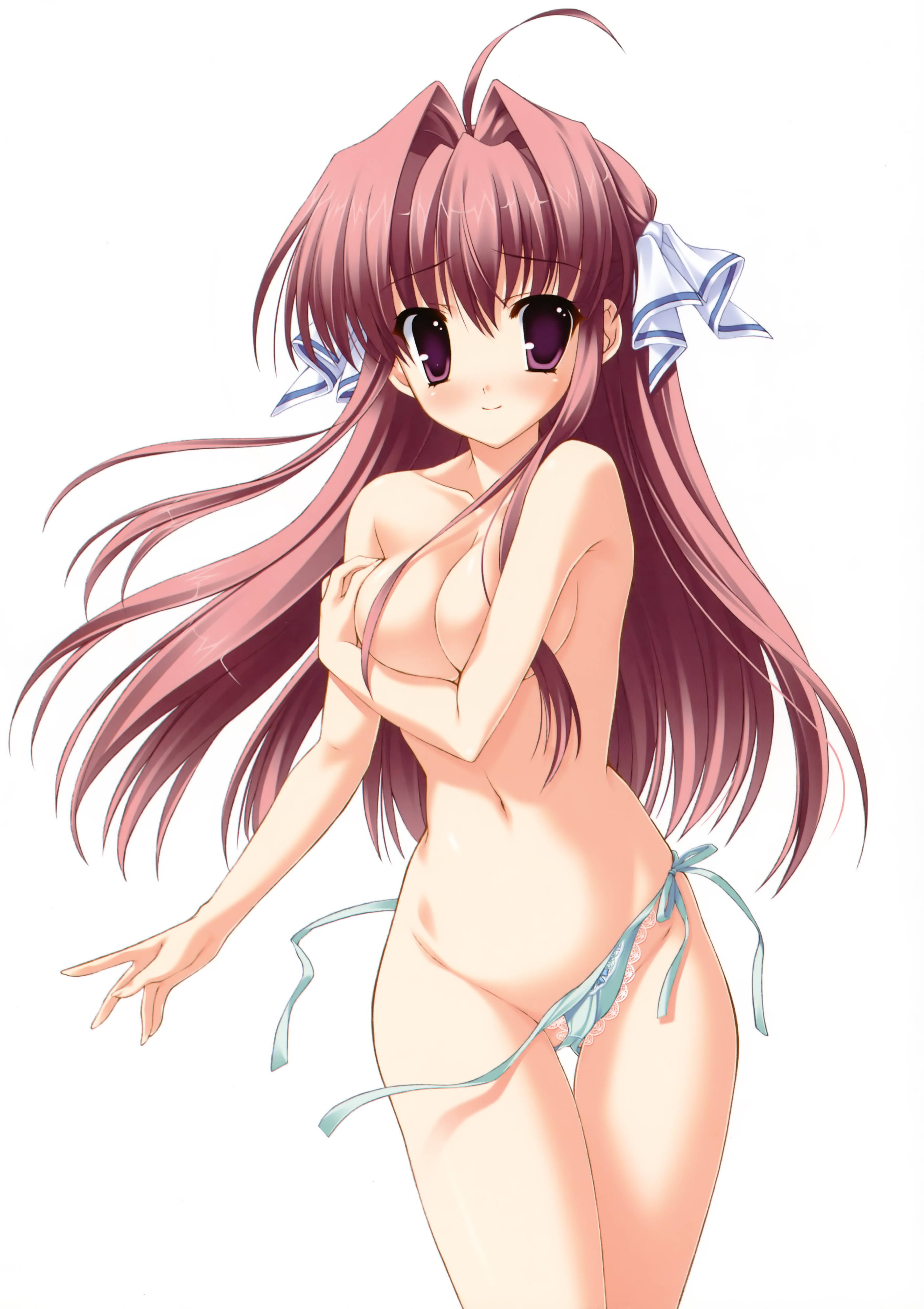 mitha, tsukimura miki, clear (visual novel), breast hold, absurdres, highres, 1girl, ahoge, bow, bow panties, breasts, covering breasts, covering privates, female focus, green panties, hair ribbon, long hair, panties, purple eyes, red hair, ribbon, side-tie panties, solo, topless female, underwear, underwear only