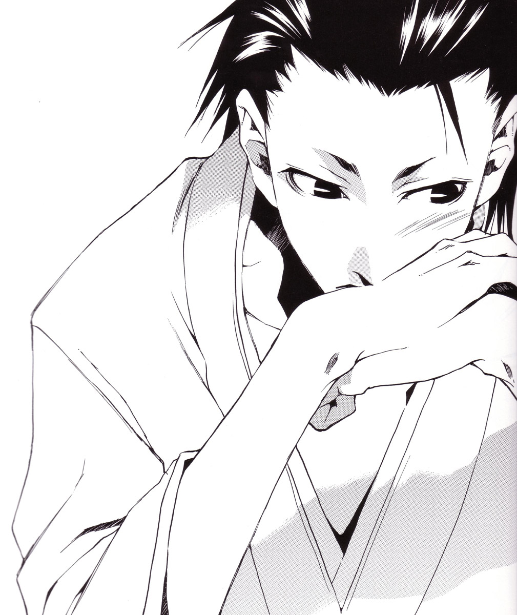 yamazaki susumu, yamazaki susumu (peace maker kurogane), peace maker kurogane, highres, 1boy, greyscale, japanese clothes, male focus, monochrome, simple background, solo