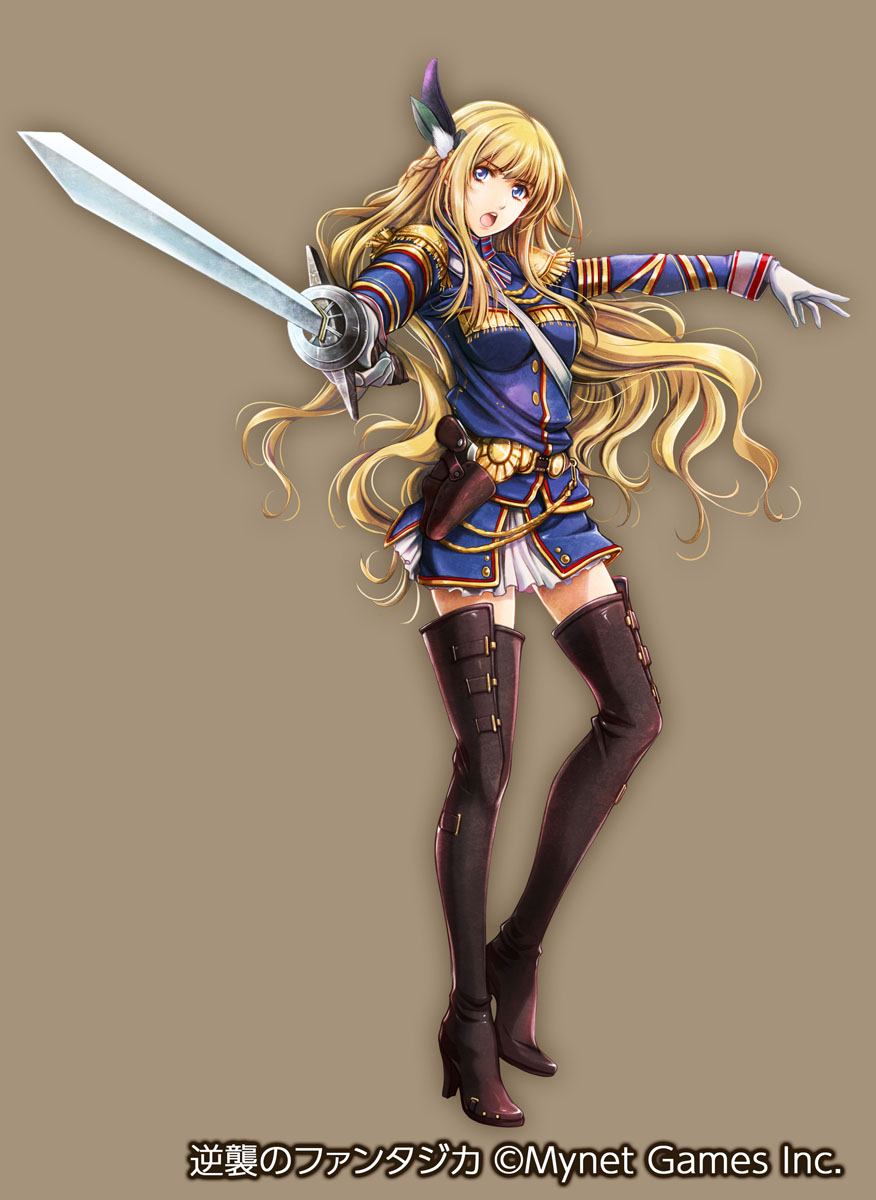 ueda metawo, gyakushuu no fantasica, commentary request, highres, official art, 1girl, black boots, blonde hair, blue eyes, blue jacket, blue skirt, boots, breasts, buttons, copyright notice, full body, gloves, high heel boots, high heels, holding, holding sword, holding weapon, jacket, long hair, long sleeves, looking at viewer, medium breasts, miniskirt, open mouth, outstretched arm, simple background, skirt, solo, standing, sword, thigh boots, weapon, white gloves