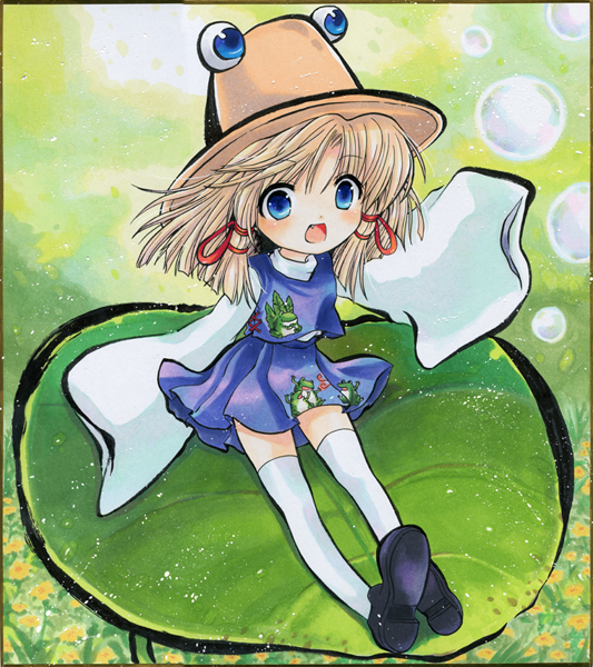 sakurai tamako, tama tamako sakurai, moriya suwako, touhou, 1girl, blonde hair, blue eyes, female focus, hat, shikishi, short hair, solo, thighhighs