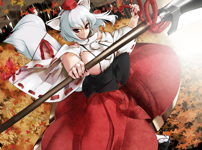 bowalia, inubashiri momiji, touhou, silver hair, bad id, bad pixiv id, 1girl, animal ears, breasts, cleavage, detached sleeves, female focus, geta, hat, large breasts, red eyes, short hair, sideboob, solo, tail, tengu-geta, tokin hat, wolf ears, wolf tail