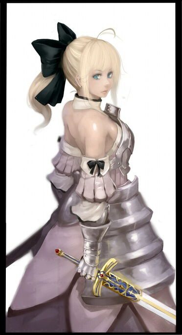 wl-69, artoria pendragon (fate), saber (fate), saber lily, capcom, fate/stay night, fate/unlimited codes, fate (series), bad id, bad pixiv id, 00s, 1girl, ahoge, armor, armored dress, bare shoulders, blonde hair, detached sleeves, dress, faulds, female focus, gauntlets, green eyes, hair ribbon, looking back, ponytail, ribbon, short hair, solo, sword, weapon