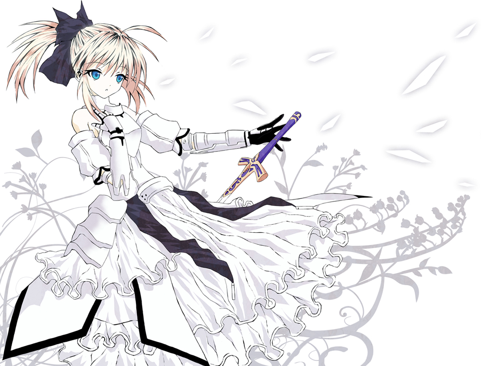 tyty, tyty (pixiv), artoria pendragon (fate), saber (fate), saber lily, capcom, fate/stay night, fate/unlimited codes, fate (series), 00s, 1girl, ahoge, armor, armored dress, bare shoulders, blonde hair, blue eyes, detached sleeves, dress, female focus, gauntlets, hair ribbon, ponytail, ribbon, skirt, solo, sword, weapon, white background